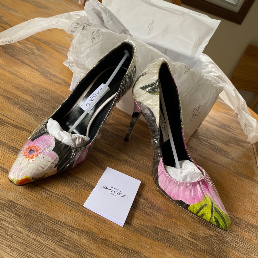 Off-White C/O Jimmy Choo Anne 100 PVC-Wrapped Floral-Print Satin Pumps